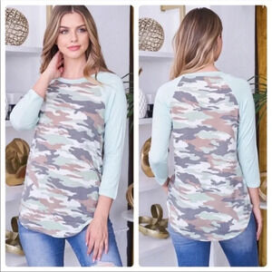 Mint & Camo Raglan Sleeve Top — Soft Stretchy Casual Fall Shirt